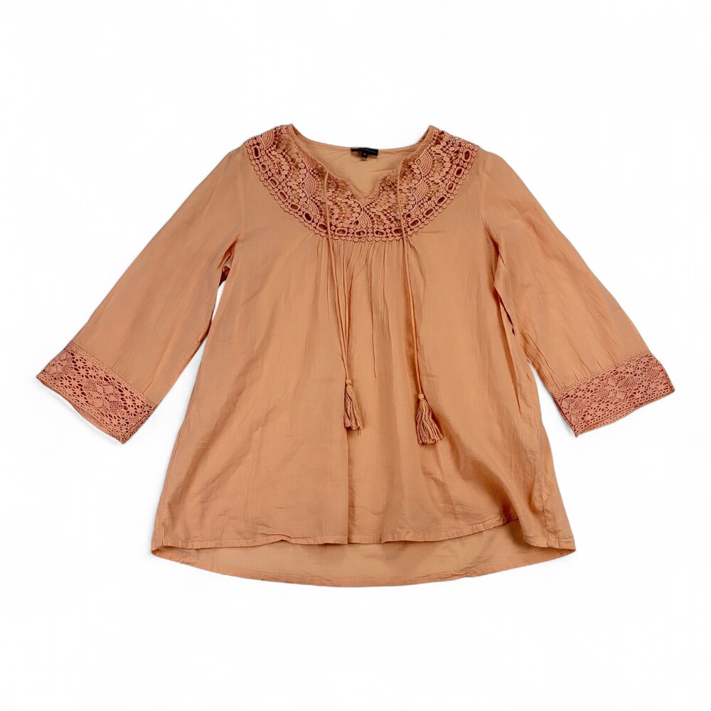 Vince Camuto‎ Peach Crochet Peasant Blouse w/Tassels M